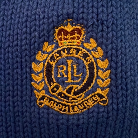 Lauren Ralph Lauren V Neck Blue Sweater with Gold Crest Logo on Chest Large - Picture 2 of 6